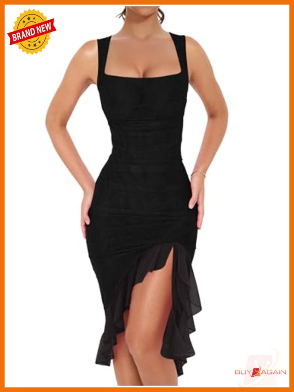 Mesh Bodycon Midi Dress Ruched Ruffle Square Neck Club Night Out